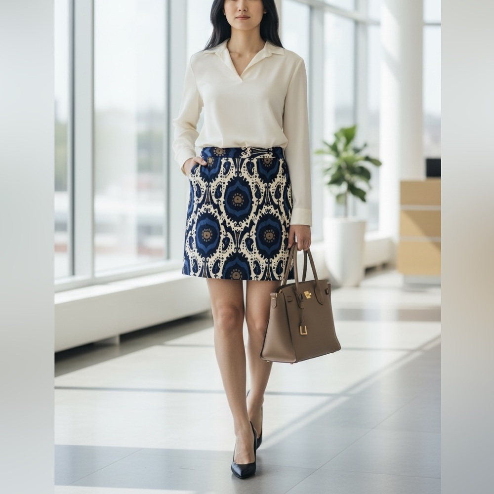 J. Crew Factory Stretch Blue Cream Pencil Skirt Size 8
